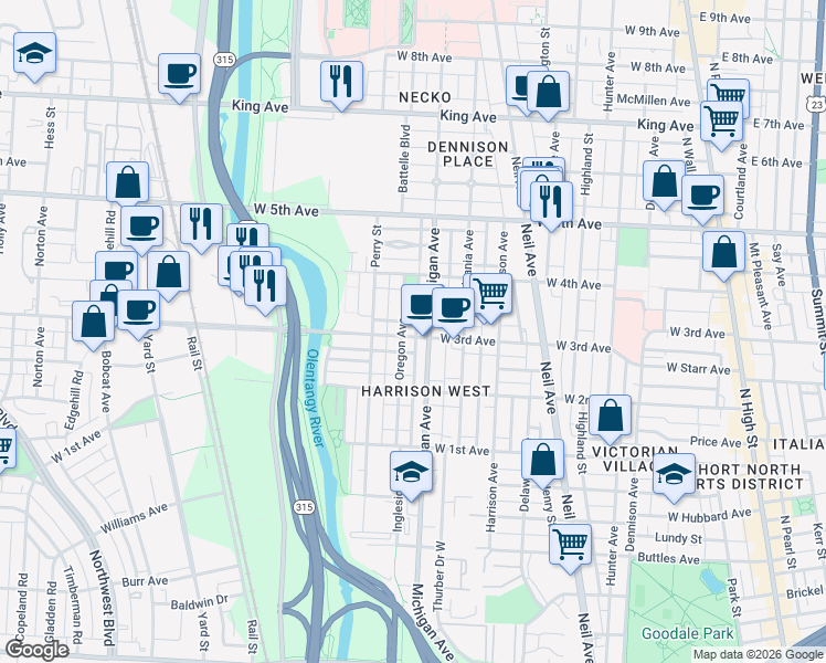 map of restaurants, bars, coffee shops, grocery stores, and more near 460 West 3rd Avenue in Columbus