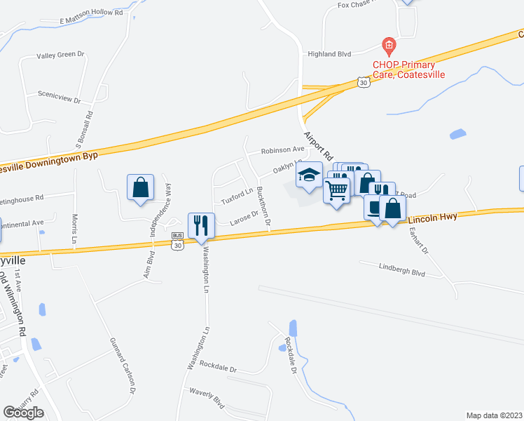 map of restaurants, bars, coffee shops, grocery stores, and more near 155 Larose Drive in Chester County