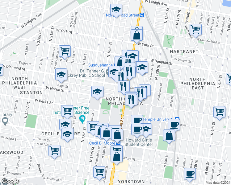 map of restaurants, bars, coffee shops, grocery stores, and more near 2027 North 15th Street in Philadelphia