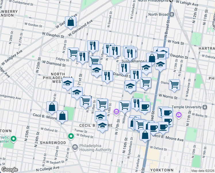map of restaurants, bars, coffee shops, grocery stores, and more near in Philadelphia