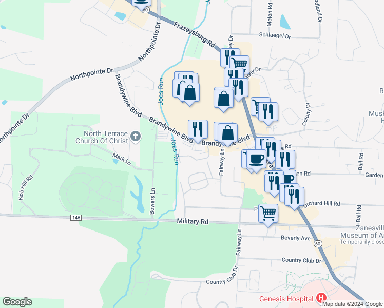 map of restaurants, bars, coffee shops, grocery stores, and more near 1383 Brandywine Place in Zanesville