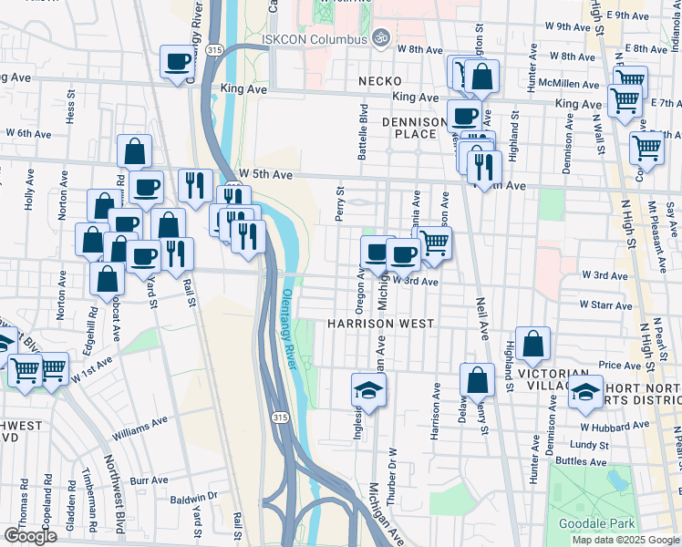 map of restaurants, bars, coffee shops, grocery stores, and more near 510 West 3rd Avenue in Columbus