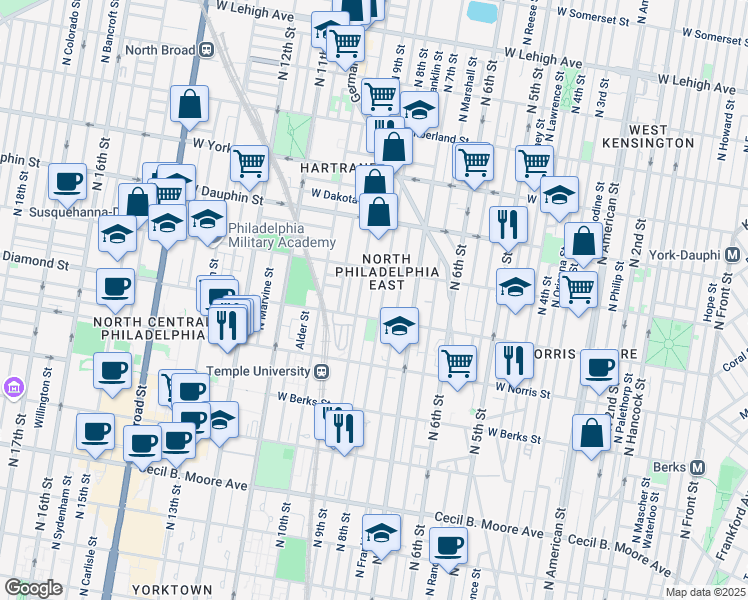 map of restaurants, bars, coffee shops, grocery stores, and more near 2123 North 8th Street in Philadelphia