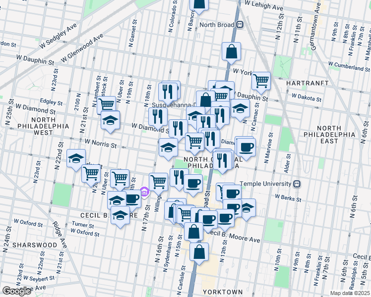 map of restaurants, bars, coffee shops, grocery stores, and more near 1531 Page Street in Philadelphia