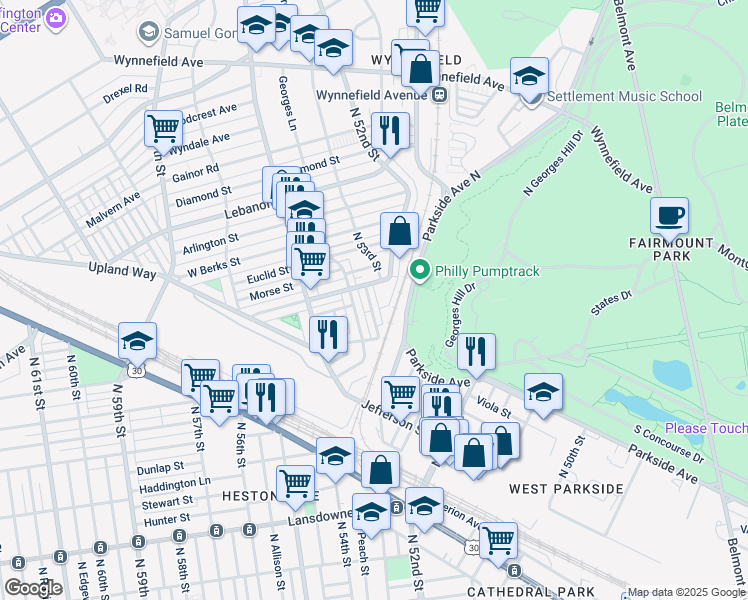 map of restaurants, bars, coffee shops, grocery stores, and more near 1747 North Peach Street in Philadelphia