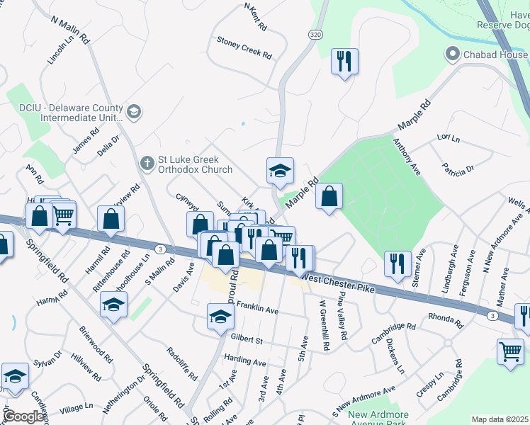 map of restaurants, bars, coffee shops, grocery stores, and more near 2607 Kirk Avenue in Broomall