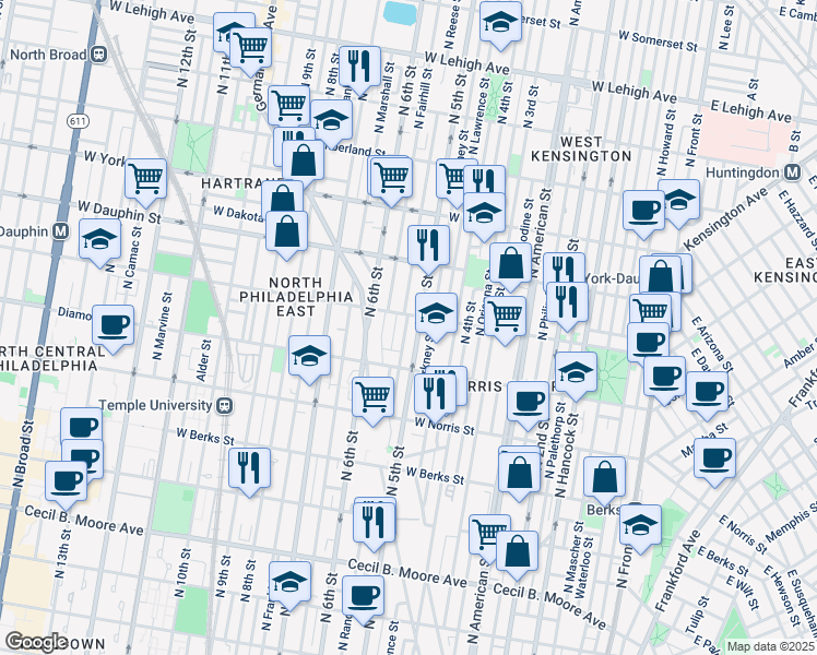 map of restaurants, bars, coffee shops, grocery stores, and more near 2155 North Reese Street in Philadelphia