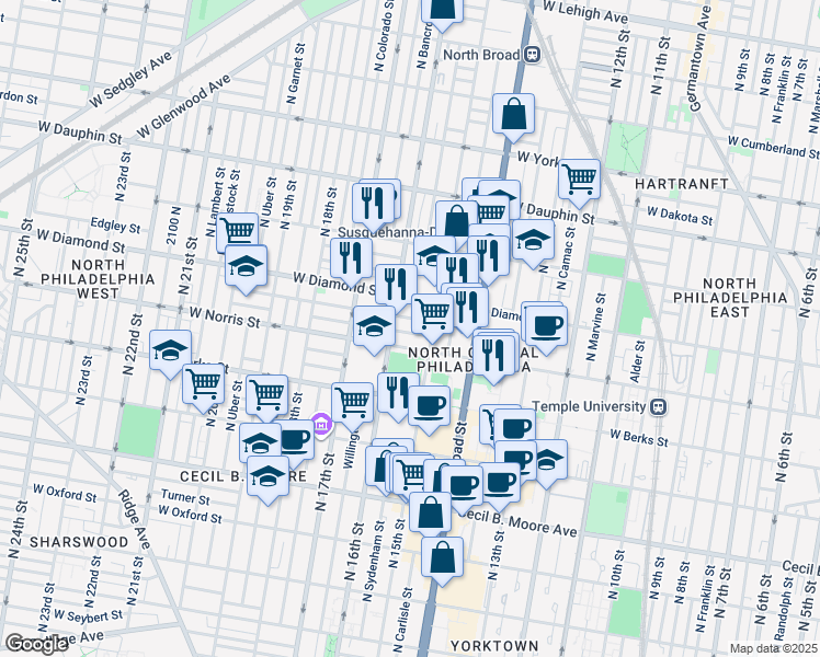 map of restaurants, bars, coffee shops, grocery stores, and more near 2539 Page Street in Philadelphia