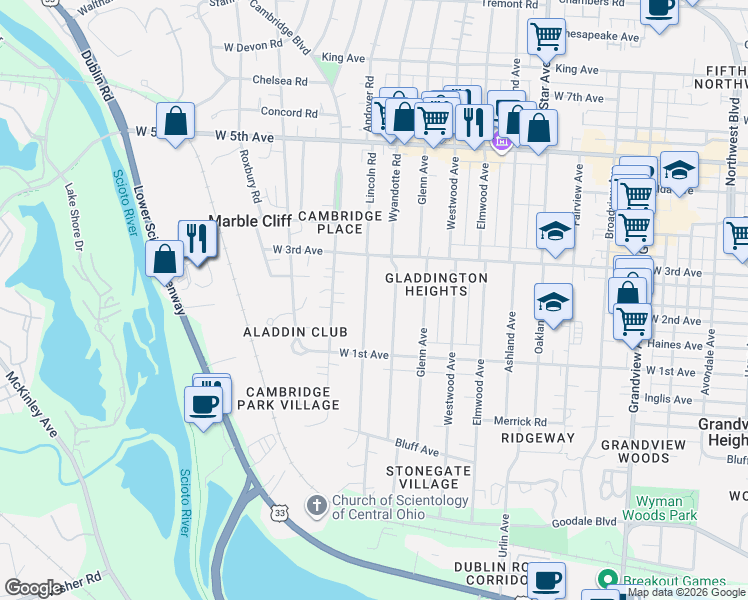 map of restaurants, bars, coffee shops, grocery stores, and more near 1362 Lincoln Road in Columbus