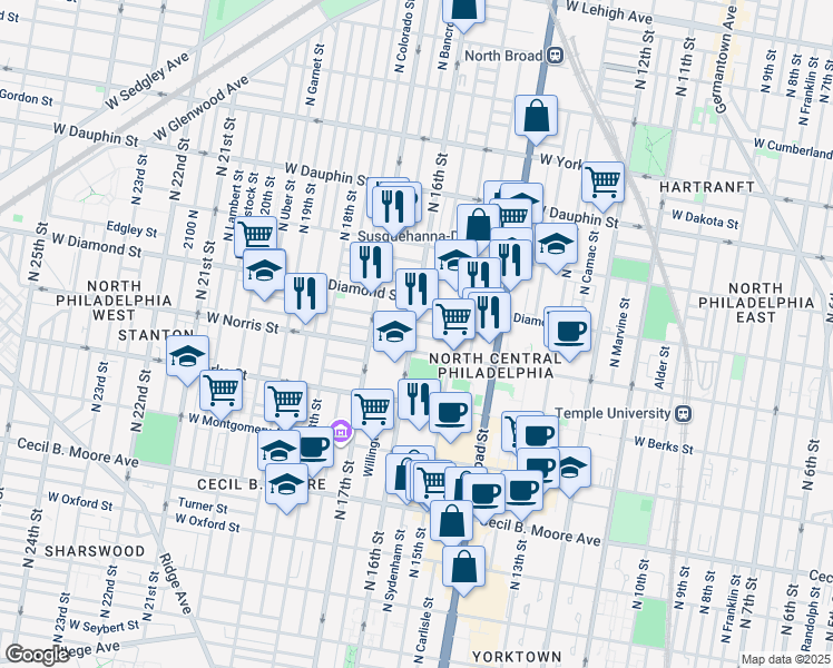 map of restaurants, bars, coffee shops, grocery stores, and more near 2013 North 16th Street in Philadelphia