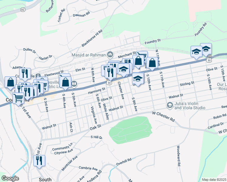 map of restaurants, bars, coffee shops, grocery stores, and more near 39 Pennsylvania Avenue in Coatesville