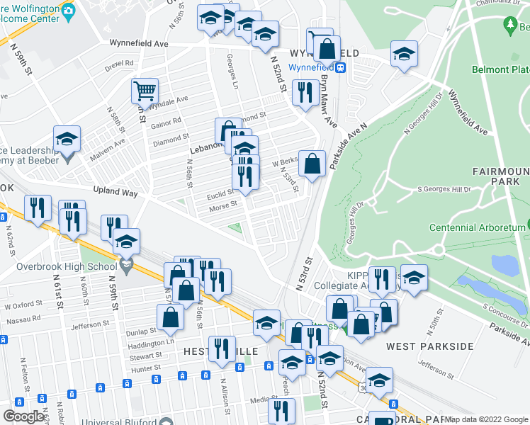 map of restaurants, bars, coffee shops, grocery stores, and more near 5362 West Montgomery Avenue in Philadelphia