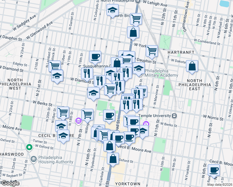 map of restaurants, bars, coffee shops, grocery stores, and more near 2029 North Carlisle Street in Philadelphia