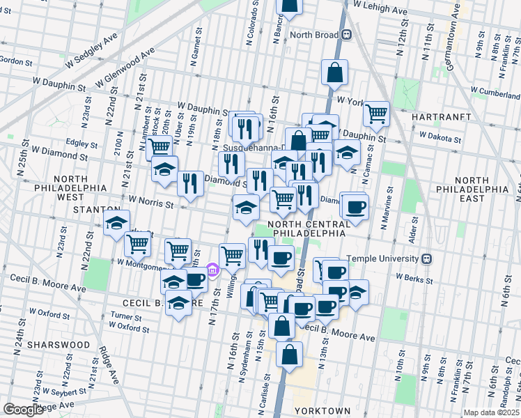map of restaurants, bars, coffee shops, grocery stores, and more near 2013 North 16th Street in Philadelphia
