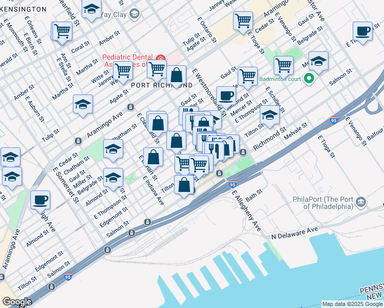 map of restaurants, bars, coffee shops, grocery stores, and more near 3165 East Thompson Street in Philadelphia
