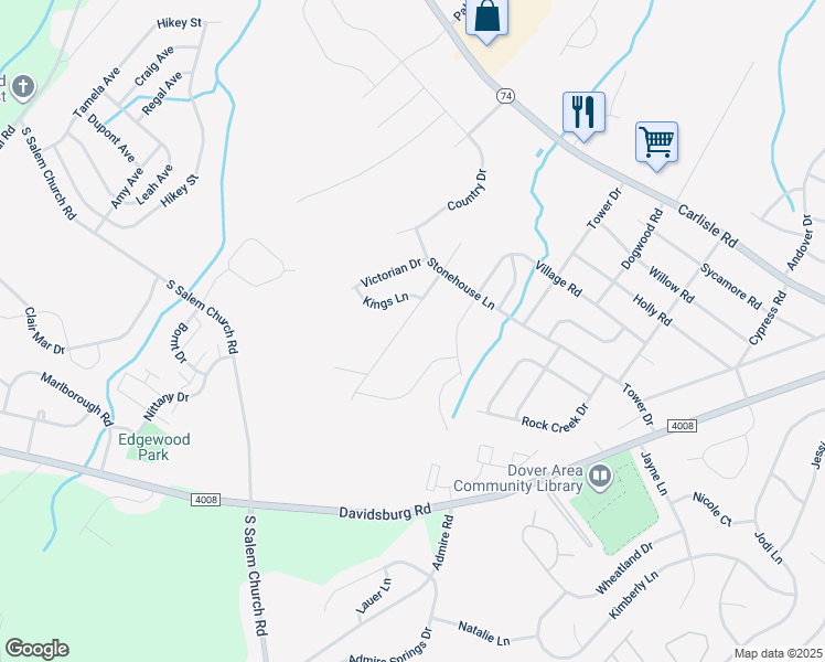 map of restaurants, bars, coffee shops, grocery stores, and more near 2634 Brownstone Drive in Dover