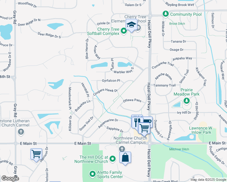 map of restaurants, bars, coffee shops, grocery stores, and more near 5420 Coopers Hawk Drive in Carmel