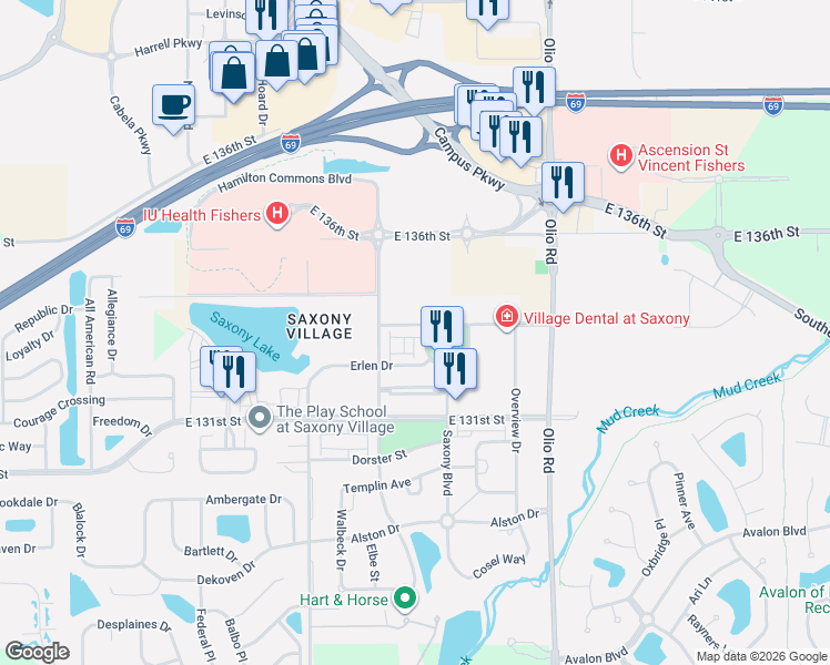 map of restaurants, bars, coffee shops, grocery stores, and more near 13285 Minden Drive in Fishers