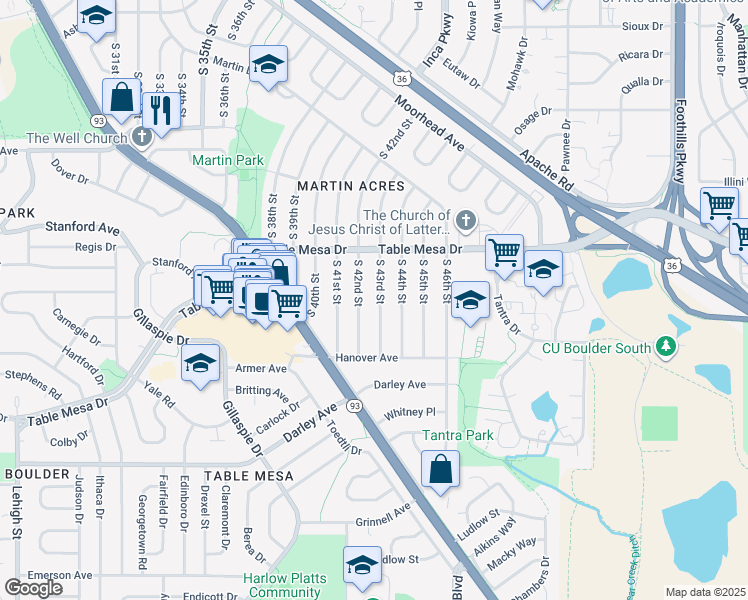 map of restaurants, bars, coffee shops, grocery stores, and more near 640 South 43rd Street in Boulder