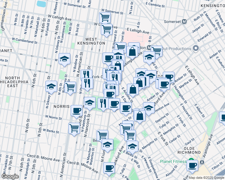 map of restaurants, bars, coffee shops, grocery stores, and more near 2234 North Front Street in Philadelphia