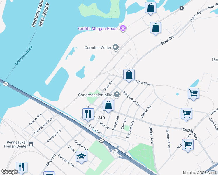 map of restaurants, bars, coffee shops, grocery stores, and more near 8313 Stow Road in Pennsauken Township