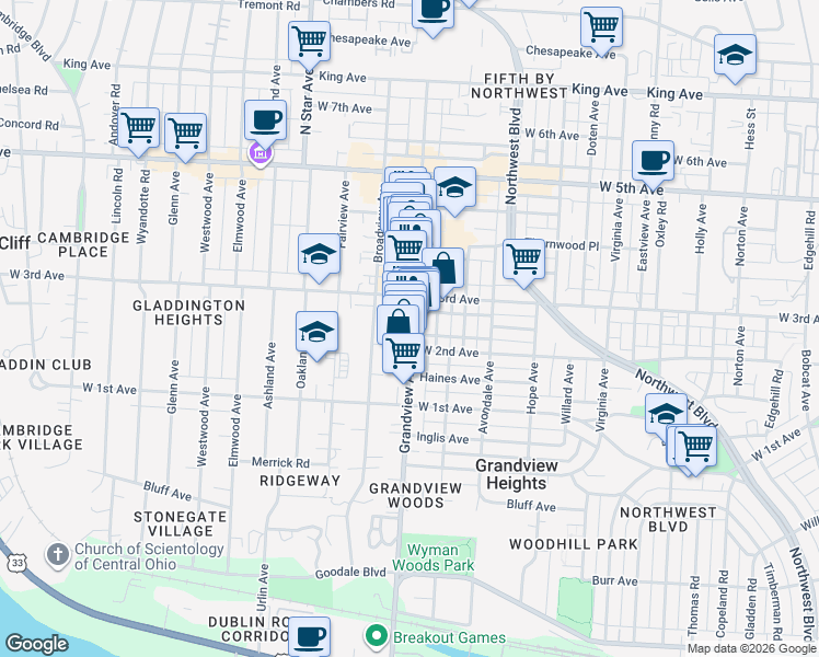 map of restaurants, bars, coffee shops, grocery stores, and more near 1295 Grandview Ave in Columbus