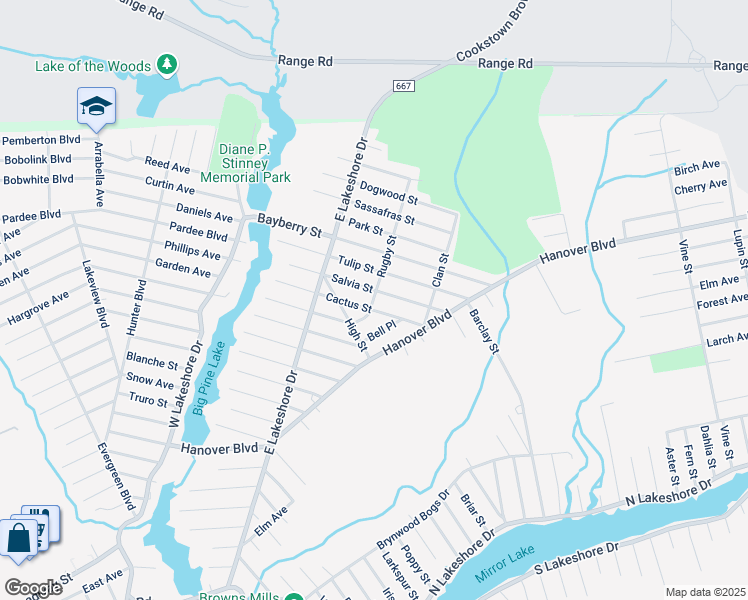 map of restaurants, bars, coffee shops, grocery stores, and more near 251 Salvia Street in Browns Mills