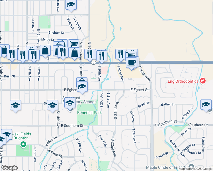 map of restaurants, bars, coffee shops, grocery stores, and more near 2025 East Egbert Street in Brighton