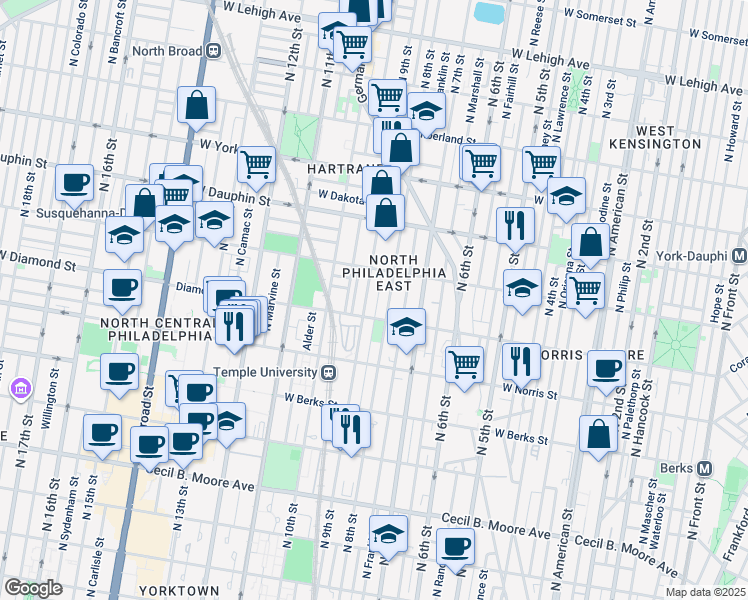 map of restaurants, bars, coffee shops, grocery stores, and more near 2124 North Darien Street in Philadelphia