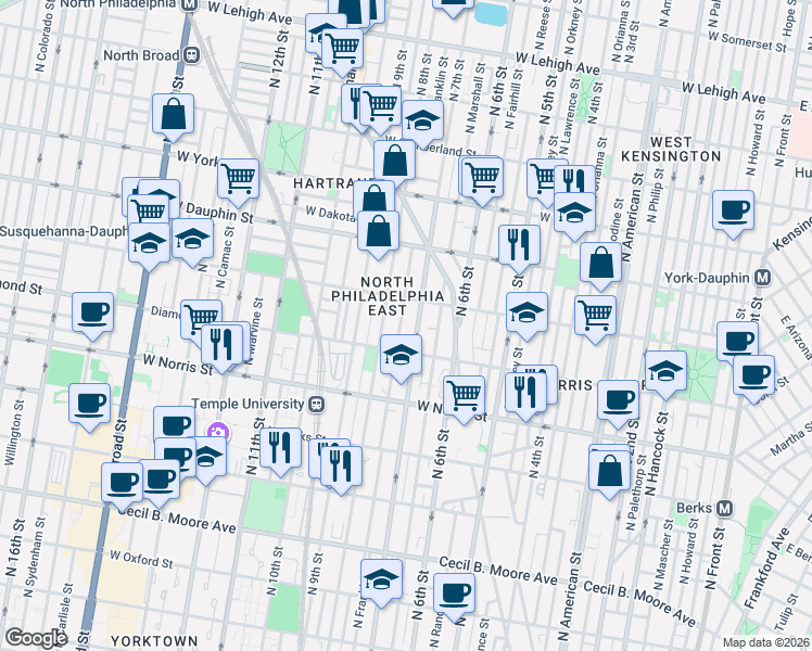 map of restaurants, bars, coffee shops, grocery stores, and more near 2127 North 7th Street in Philadelphia