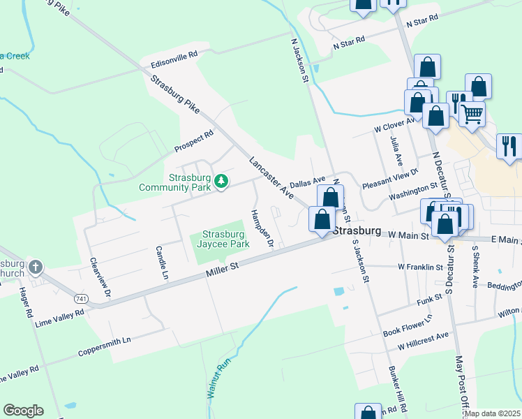 map of restaurants, bars, coffee shops, grocery stores, and more near 118 Miller Street in Strasburg