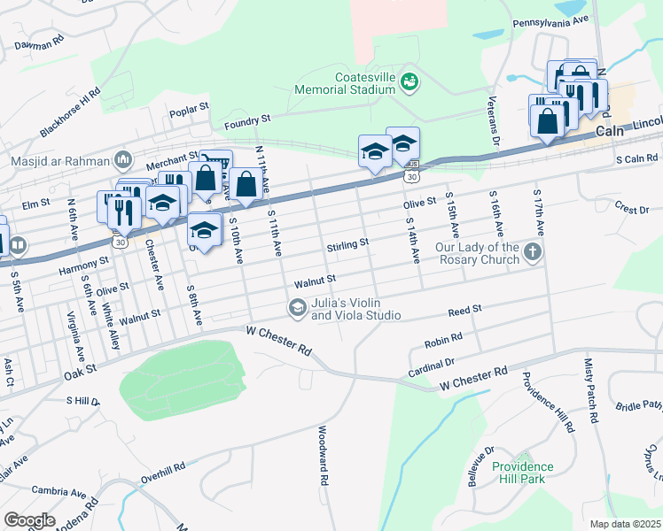 map of restaurants, bars, coffee shops, grocery stores, and more near 91 South 12th Avenue in Coatesville