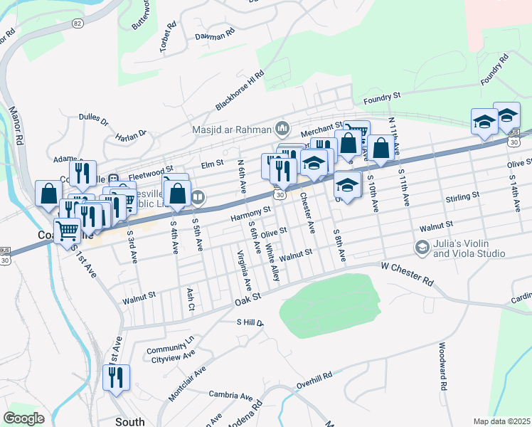 map of restaurants, bars, coffee shops, grocery stores, and more near 625 Belmont Street in Coatesville