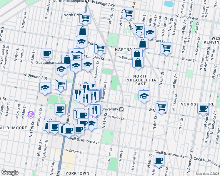 map of restaurants, bars, coffee shops, grocery stores, and more near 2100 North 11th Street in Philadelphia