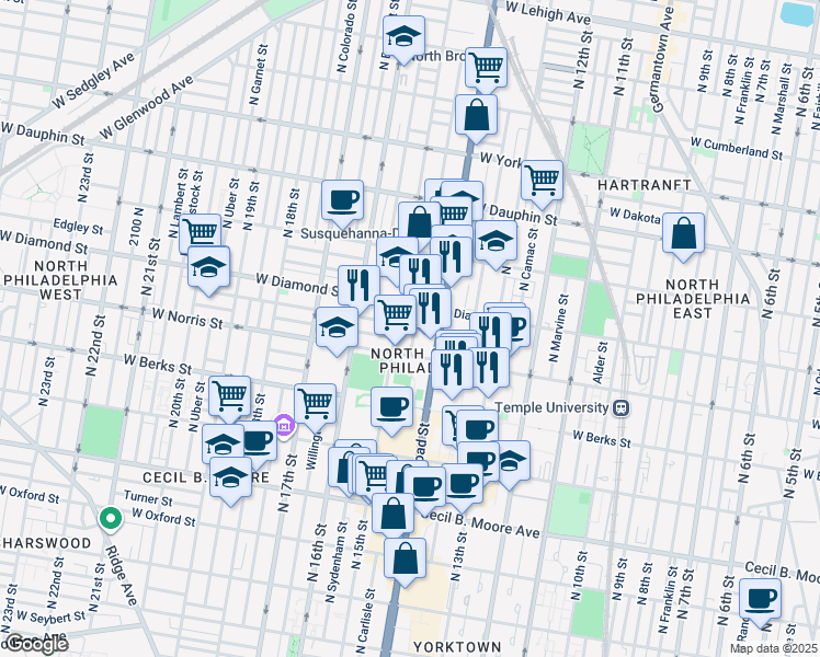 map of restaurants, bars, coffee shops, grocery stores, and more near 2034 North Carlisle Street in Philadelphia