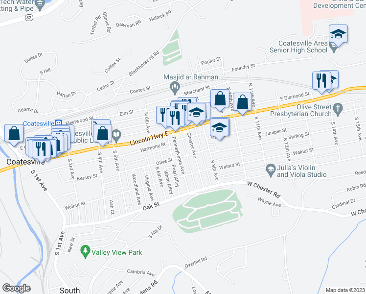 map of restaurants, bars, coffee shops, grocery stores, and more near 34 Star Alley in Coatesville