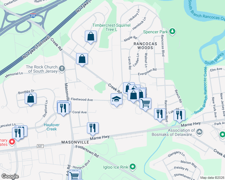 map of restaurants, bars, coffee shops, grocery stores, and more near 217 Creek Road in Mount Laurel Township