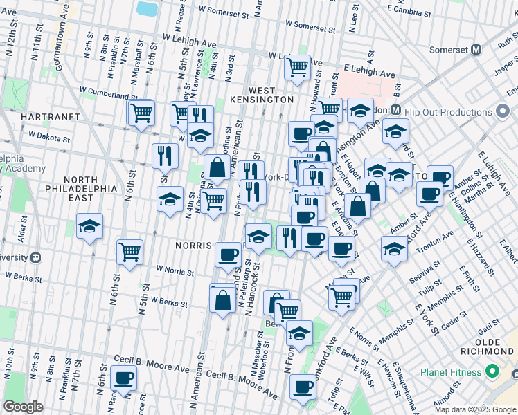 map of restaurants, bars, coffee shops, grocery stores, and more near 2213 Palethorp Street in Philadelphia