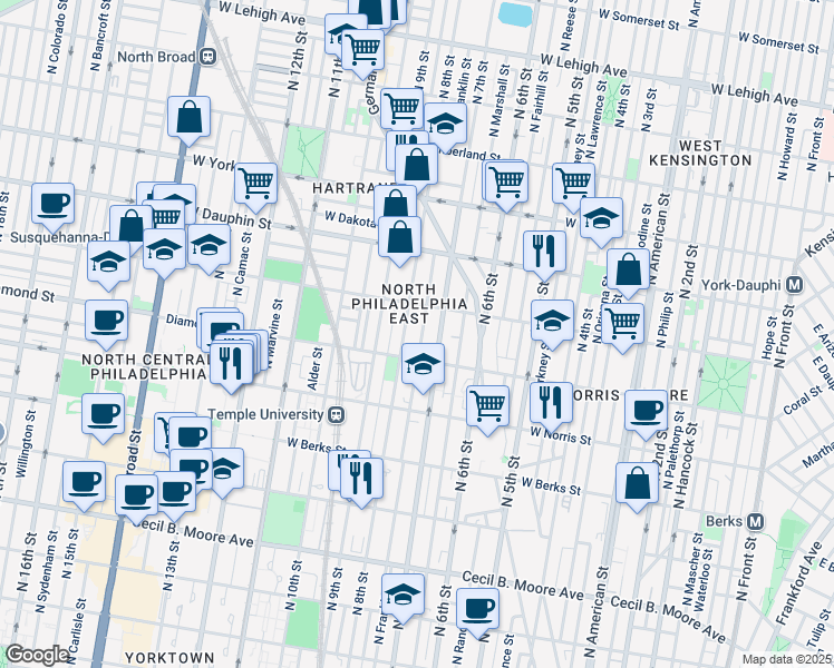 map of restaurants, bars, coffee shops, grocery stores, and more near 2134 North Franklin Street in Philadelphia