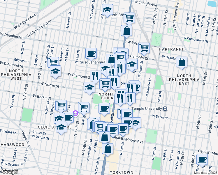 map of restaurants, bars, coffee shops, grocery stores, and more near 2034 North Carlisle Street in Philadelphia