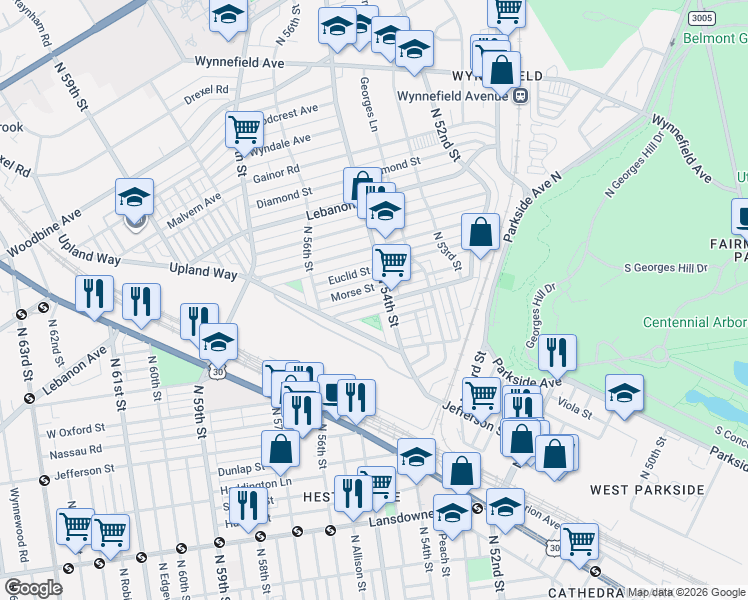map of restaurants, bars, coffee shops, grocery stores, and more near 5435 West Montgomery Avenue in Philadelphia