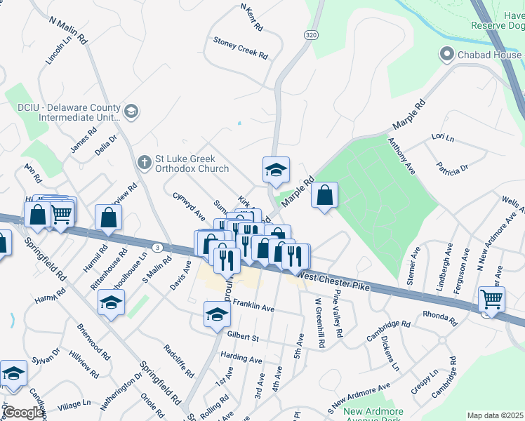 map of restaurants, bars, coffee shops, grocery stores, and more near 2607 Kirk Avenue in Broomall