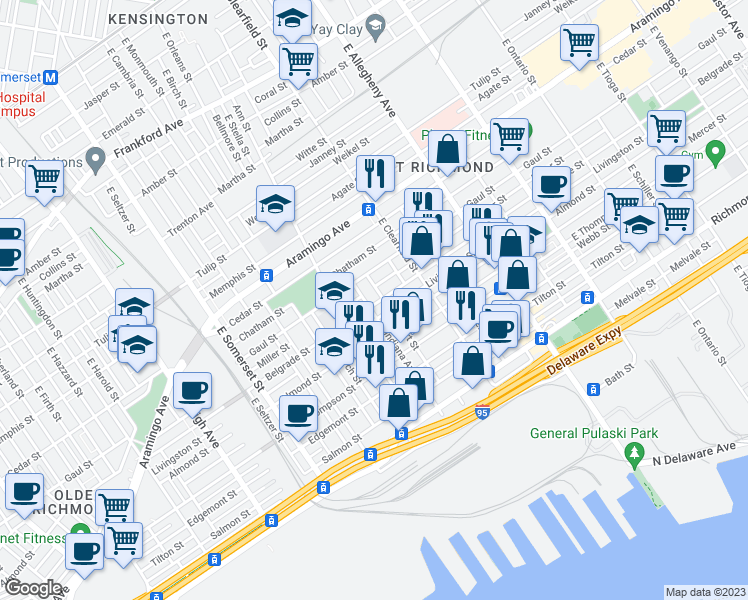map of restaurants, bars, coffee shops, grocery stores, and more near 3004 Belgrade Street in Philadelphia