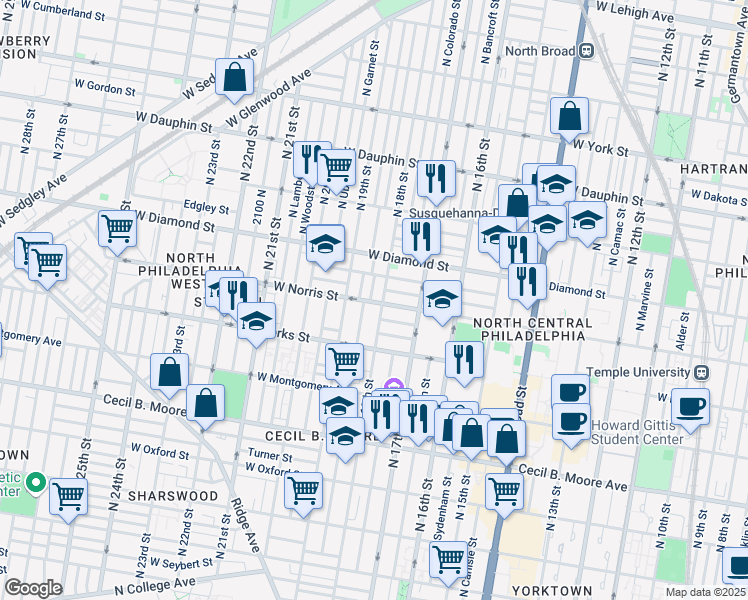 map of restaurants, bars, coffee shops, grocery stores, and more near 2003 North Cleveland Street in Philadelphia