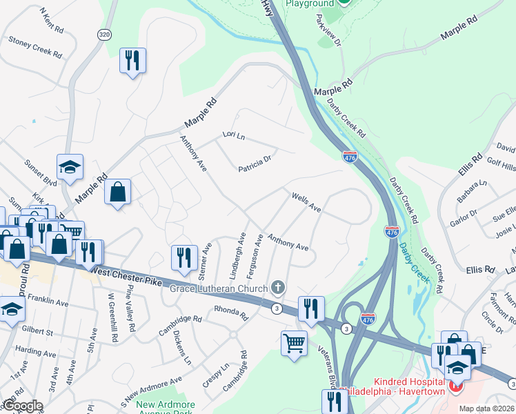 map of restaurants, bars, coffee shops, grocery stores, and more near 105 Lindbergh Avenue in Broomall