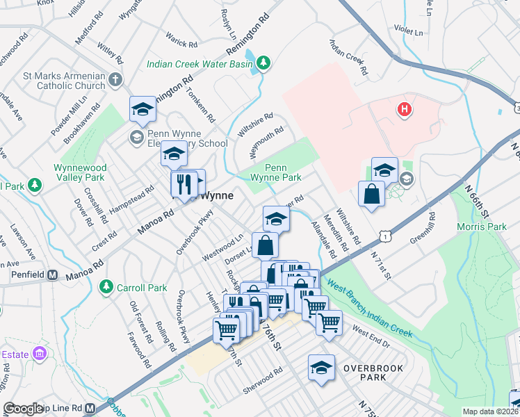 map of restaurants, bars, coffee shops, grocery stores, and more near 1350 Garden Rd in Penn Wynne