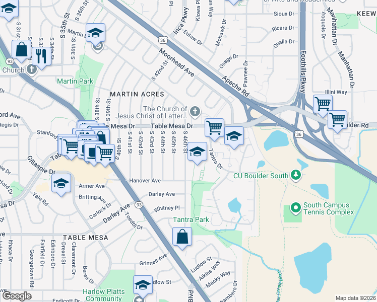 map of restaurants, bars, coffee shops, grocery stores, and more near 640 South 46th Street in Boulder