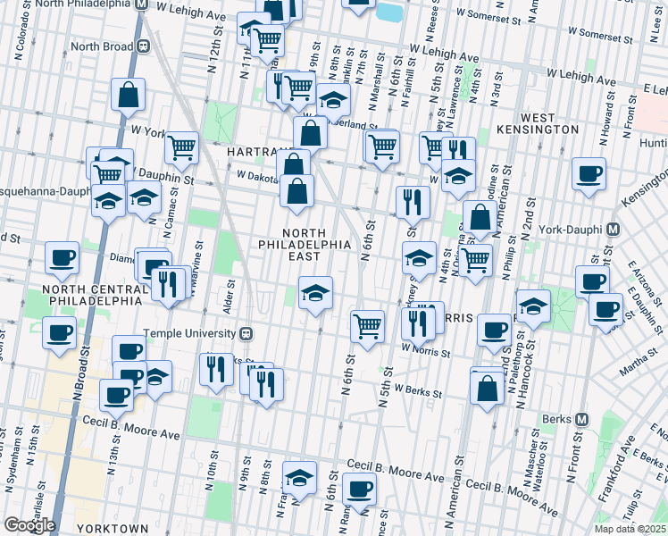 map of restaurants, bars, coffee shops, grocery stores, and more near 2137 North 7th Street in Philadelphia