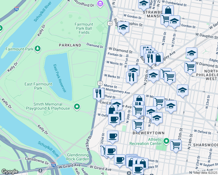 map of restaurants, bars, coffee shops, grocery stores, and more near 3207 West Montgomery Avenue in Philadelphia