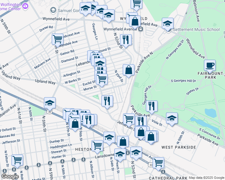 map of restaurants, bars, coffee shops, grocery stores, and more near 1740 Georges Lane in Philadelphia